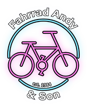 Google 360 Grad Rundgang erstellen in Hamburg 7 Fotograf Hannover - Logo mit rosa und blauem Hintergrund und schwarzem Fahrradumriss. Der Text „Fahrrad Andy & Son“ steht rund um das Fahrrad, darunter „est. 1984“. Fotograf in der Nähe.