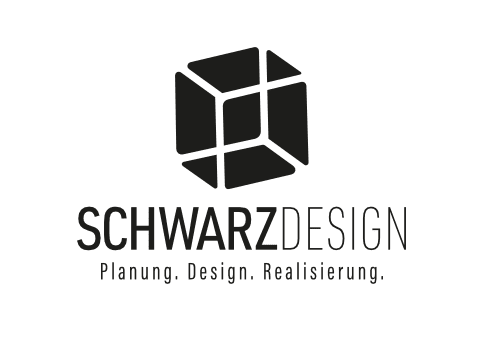 Google 360 Grad Rundgang erstellen in Hamburg 10 Fotograf Hannover - Logo von Schwarz Design mit einem schwarzen Drahtgitterwürfel und dem Text „SCHWARZ DESIGN“ darunter. Darunter stehen in kleinerer Schrift die Worte „Planung. Design. Realisierung.“. Fotograf in der Nähe.